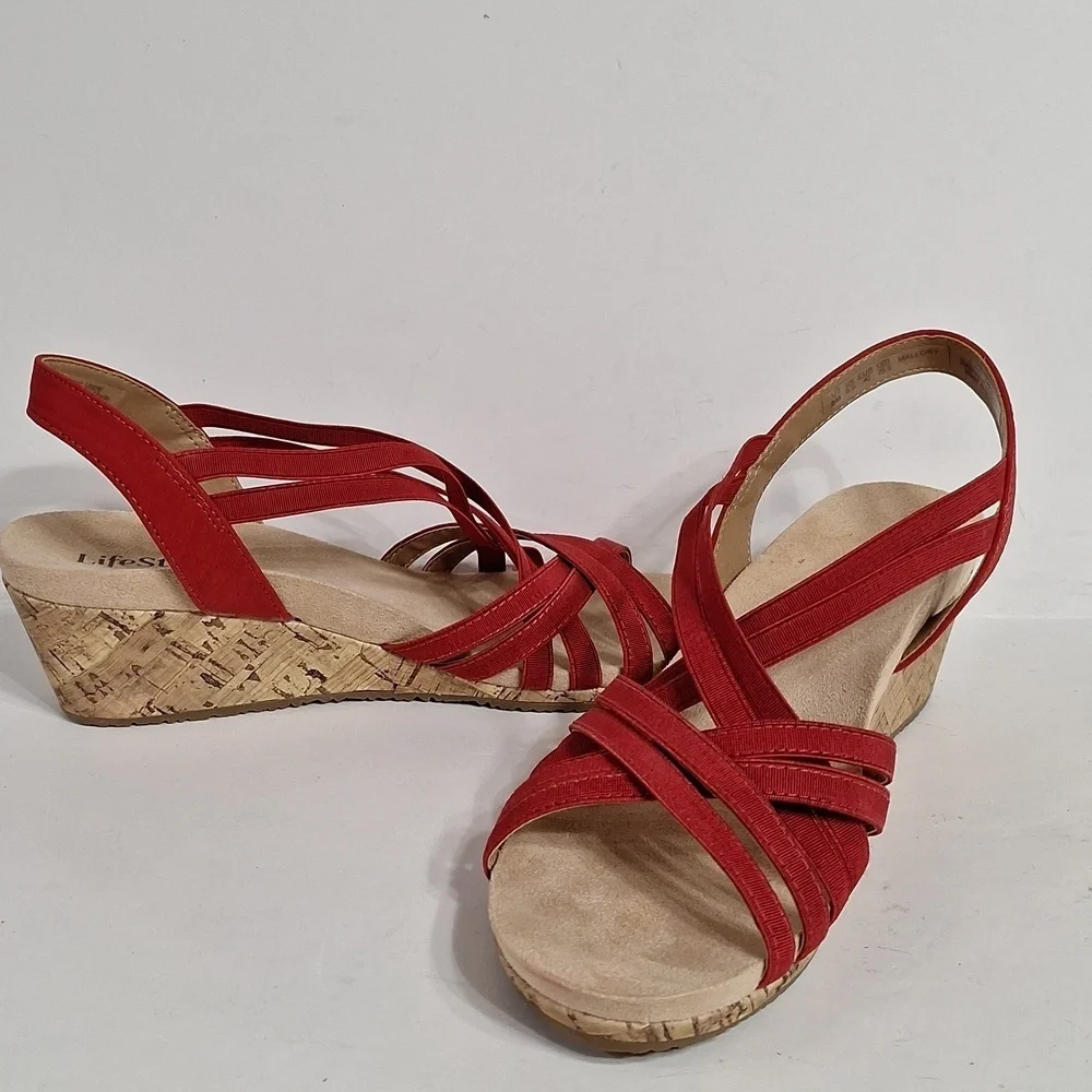 Life Stride (NEW) Red Mallory Stretch Strappy Wedge Comfort Sandals Size 9.5